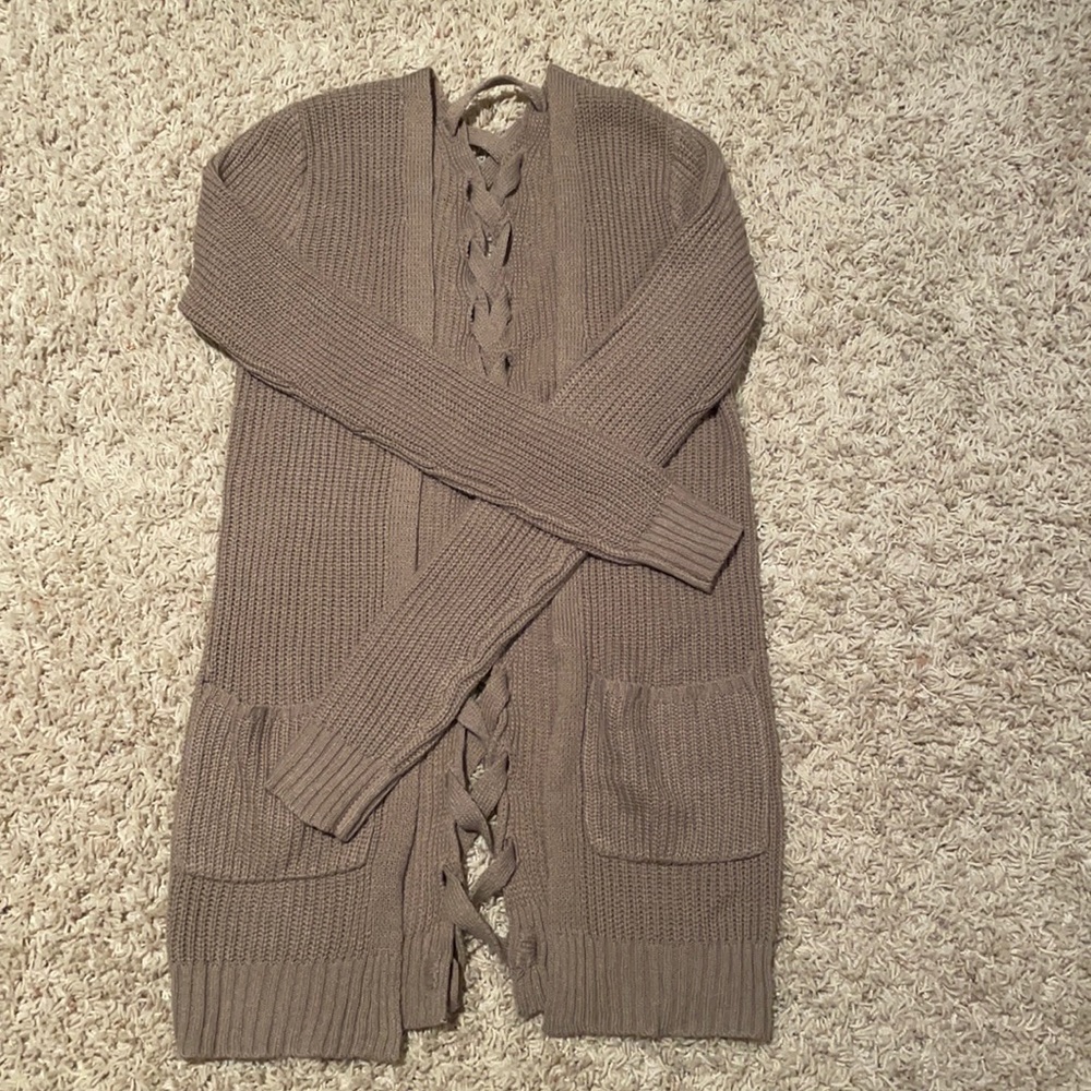 Women’s brown cardigan with lace up detail in the back